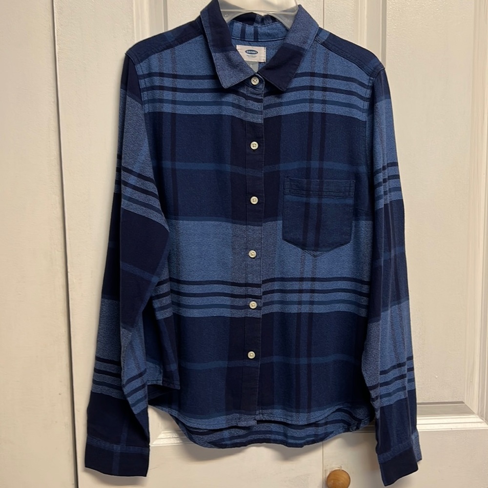 Old Navy Black Blue Plaid Pocket Long Sleeve Cotton Collar Top Size S